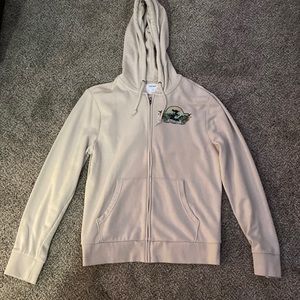 Worn, Tan, old navy zip up sweatshirt.